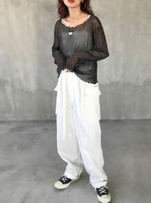 FRIFUL Women's See-Through Heart Shaped Frill Edged Fitted Tank Top Long Sleeve Women Tops - Black - View 2