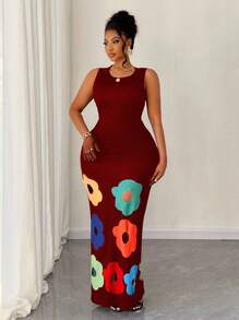 Maweii Plus Size Women Floral Print Crew Neck Dress - Red - View 1