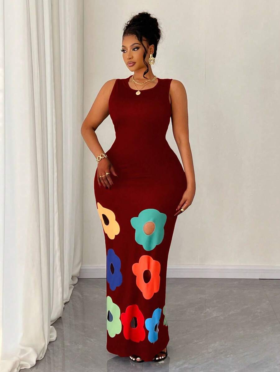 Maweii Plus Size Women Floral Print Crew Neck Dress - Red - View 1