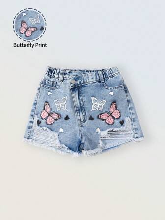 Denimly Tween-Mädchen – Vintage-Urlaub, lässig, täglich, urban, Street – süße Jeansshorts mit Schmetterlings- und Herz-Print, elastischer Taille, Reißverschluss und ausgefranstem Saum