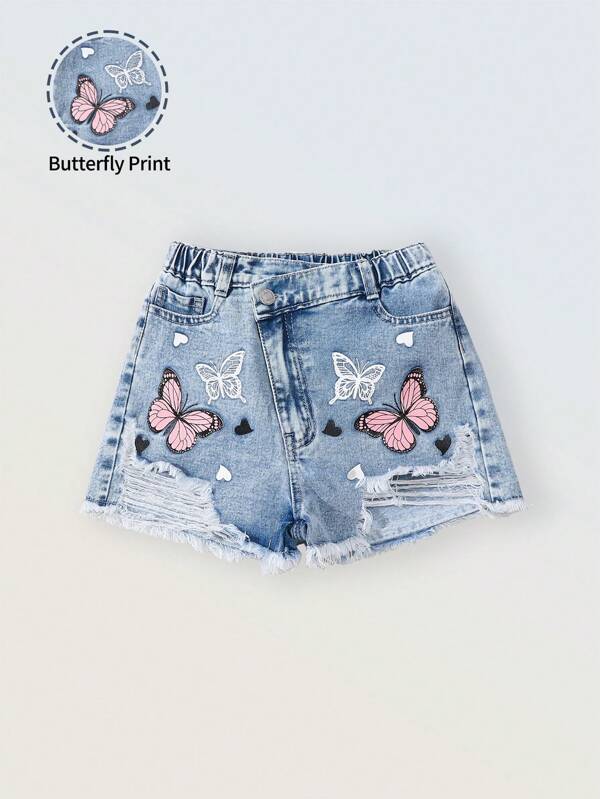 Denimly Tween Girls Vintage Vacation Casual Daily Urban Street Cute Butterfly & Heart Print Distressed Denim Shorts With Elastic Waist, Zipper Fly, Frayed Hem