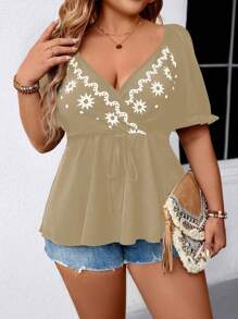 SHEIN LUNE Elegant Commuting & Vacation Casual Women's Fashion Versatile Bestseller Floral Fabric V-Neck Elastic Ruched Sleeve Cuffs Umbrella Hemline Design Black & White Plus Size Blouse, Spring/Summer/Autumn - Brown - View 4