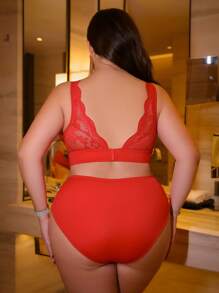 SHEIN 2 Stück Set aus Große Größen Spitzen-Panel BH ohne Bügel und Slip - Rot - Übersicht 2