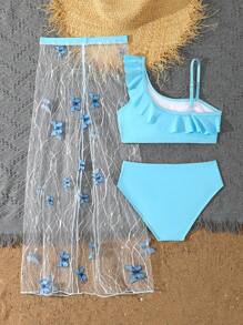 Tween Girls 2pcs Set: Blue Ruffled Trim Bikini Set Top & Butterfly Applique Pants - Blue - View 2