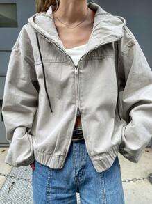 FRIFUL 女士休闲洗水牛仔连帽夹克 - 淺灰色 - 查看 4