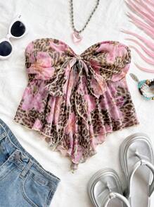 Soleia Crop top da donna con stampa leopardata e floreale, senza spalline, arricciato, con laccio sulla parte anteriore e volant sul fondo, ideale per feste, appuntamenti, tè del pomeriggio, viaggi in città e spiaggia