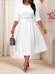 SHEIN Lady 大码女士优雅夏季和冬季优雅紫色针织圆领飘逸长袖大码连衣裙化妆舞会礼服白色长袖连衣裙情人节服装，情人节 - 白色 - 查看 2