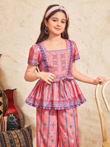 Zweiteiler für Tween Mädchen mit gewebtem Druckmuster, Bindegürtel und gerüschtem Saum Hemd & weite gemusterte Hose, ländlicher bohemian Stil, Lässig für Lässig, Reisen & Urlaub