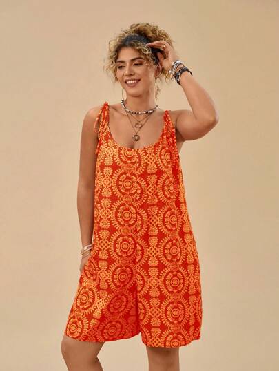 Travachic Plus Size Kvinnor Blommor Retro Print Röd Strap Lös Casual Jumpsuit