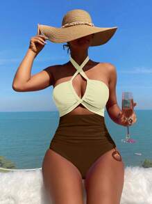 SHEIN Swim Women's Vacation Color Contrast Crisscross Hollow-Out Halter One Piece Swimsuit - Multicolor - View 1