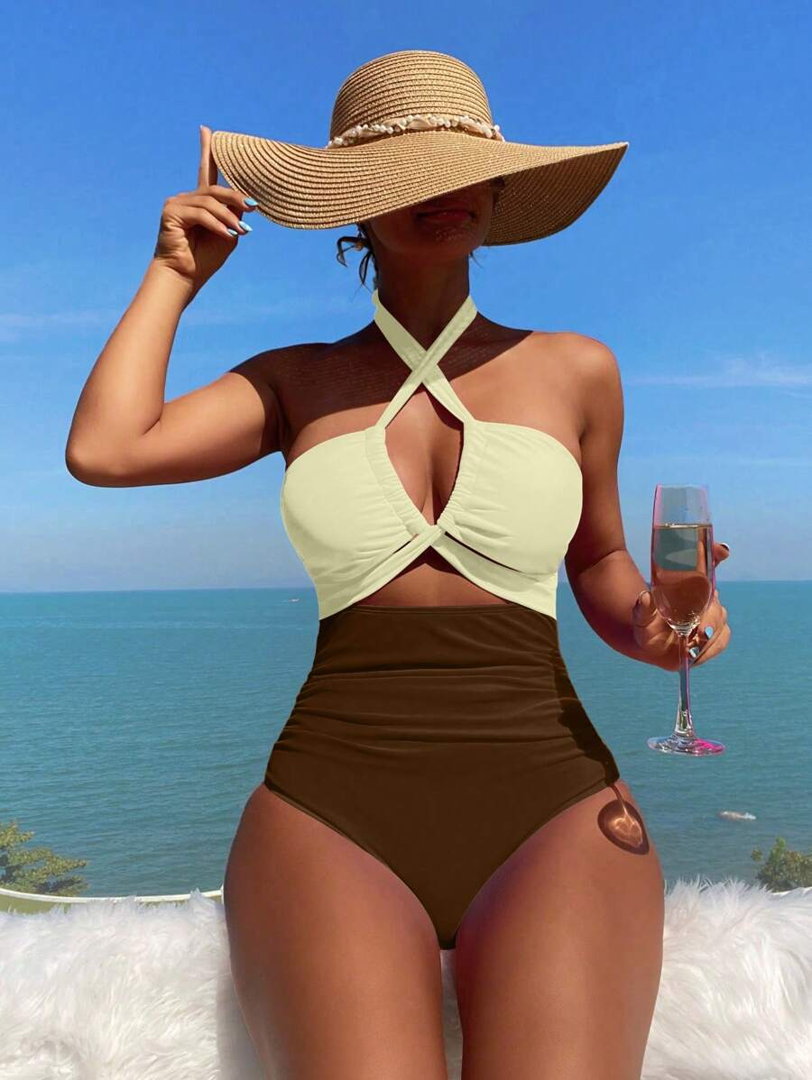 SHEIN Swim Women's Vacation Color Contrast Crisscross Hollow-Out Halter One Piece Swimsuit - Multicolor - View 1