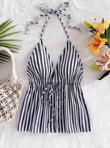 Soleia Vacation Beach Halter Neck Tied Contrast Stripe Tank Top