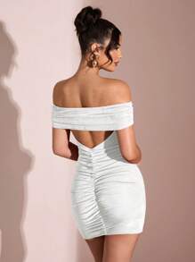 SHEIN BAE 露肩性感透视优雅美人鱼露背紧身迷你连衣裙，红色连衣裙，情人节约会连衣裙，伴娘迷你连衣裙，露背连衣裙 - 白色 - 查看 3