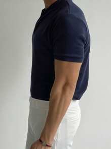 DAZY Summer Men's Slim Fit V-Neck T-Shirt, Solid Blue Color Business Attire - Blue - View 7