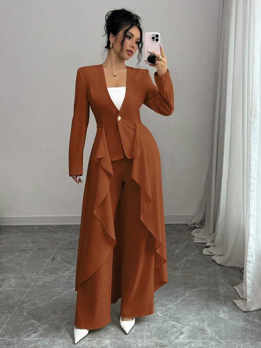 Elenzga 女士收腰优雅浪漫长袖夹克和裤子套装 - 咖啡棕 - 查看 1