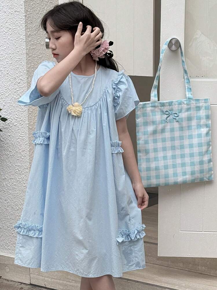Tween Girl Crew Neck Woven Short Sleeve Layered Dress, Summer