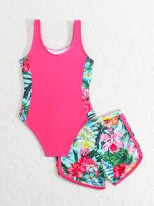 SHEIN 少女泳衣 / 连体泳衣 / 印花图案 / 两件套 - 彩色 - 查看 2