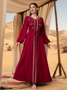 Al Najma Conservative Casual Ribbon Embroidered Arabian Dress, Women's Extra Long Dress,Modest - Red - View 3