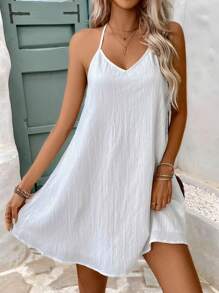 SHEIN Frenchy 女款蕾絲拼接開背a字領帶連衣裙 - 白色 - 查看 2