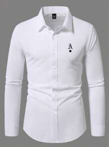 Manfinity Mode Men's Poker Print Long Sleeve Single-Breasted Casual Shirt, Men Fitted Shirts Business Casual Men Shirts Classy Nice Shirt - White - View 4