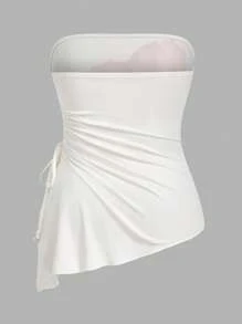 SHEIN LUNE Áo cánh hở vai xếp ly không đối xứng thời trang dự tiệc cỡ lớn cho nữ - trắng - Xem 2