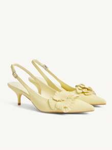 CUCCOO CHICEST Damen elegante Spitzschuh High Heels aus gelbem Kunstleder, romantisches Iris Design, Slingback Stil, passend für Teezeit, Dates, formelle Anlässe, Urlaub