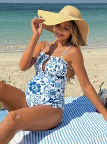 SHEIN Maternity Floral Print One-Piece Swimsuit For Summer Beach Vacation - Blue and White - View 1