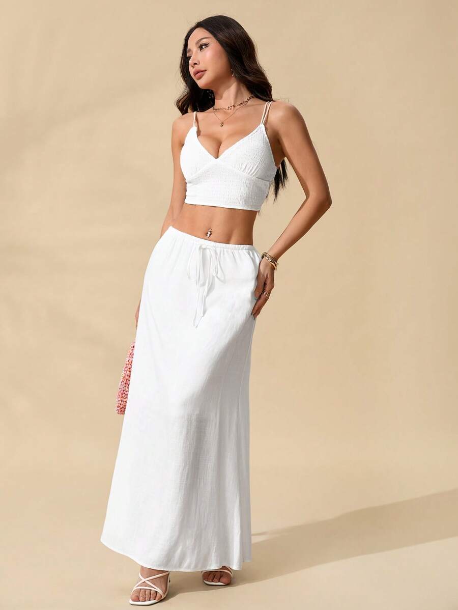 SHEIN PETITE Women's Skirts, Floor-Length Maxi Skirts, Waist Ties, Vacation Skirts, Low-Waist Skirts - White - View 1
