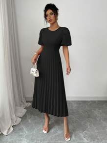 Rafferiza 法式优雅时尚日常百搭灯笼袖圆领收腰褶皱下摆长裙，无弹力，红色，女士春夏 - 黑色 - 查看 5