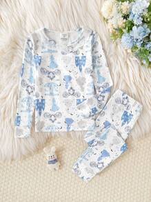 2pcs Young Girl Princess Castle Silhouette Print White Lace Collar Long Sleeve Snug Fit Top And Leggings Pajama Set   Summer Kids  Princess And Castle "Cute Pajamas, Little Girl's Pajamas, Snug Fit - Blue and White - View 3