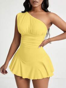 Zolique Asymmetric Neck Ruffle Flounce Hem Women's Romper