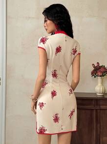 EastFlair Women's Chinese Style Butterfly Print Buckle Hollow Mini Dress Swimsuit - Apricot - View 6