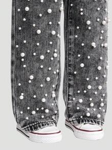 SHEIN Girls' European And American Fashion Faux Pearl Embellished Straight Leg Jeans - Grey - View 4