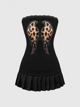 Grunge Punk Robe mini tube à décor de strass, broderie d'aile et imprimé léopard Y2K pour femmes