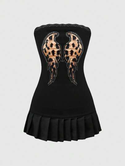 Grunge Punk Vestido mini tubo con bordado de alas, decoración de strass y estampado de leopardo para mujer, estilo Y2K
