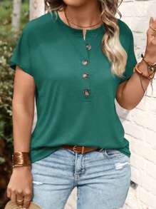 SHEIN LUNE Áo thun tay ngắn thời trang cỡ lớn mới cho nữ có nút cài phía trước - màu xanh lá - Xem 4