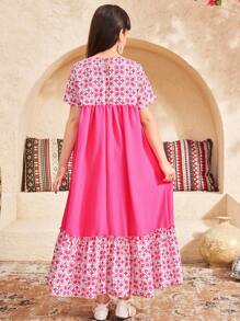 SHEIN Leap Crew Tween Girls' Vacation Round Neck Short Sleeve Patchwork Dress - Hot Pink - View 2