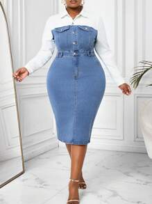 SHEIN Lady Plus Size Denim Bodycon Dress, Casual Long Sleeve Patchwork, Fall Women Clothes - Multicolor - View 2