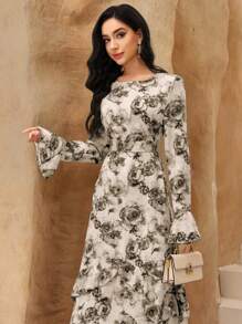 Graceveil Women's Ruffled Long Sleeve Waisted Retro Romantic Big Hem Dress Floral Maxi Dress Women, Modest - Chocolate Brown - View 5