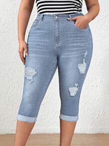 EMERY ROSE Plus Size Women Pockets & Distressed Short Skinny Casual Denim Jeans Autumn For Women Festival Capris For Women Elegant Ripped Jeans - Light Wash - View 6