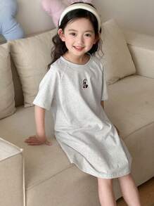 Dazy Kids Bộ đồ ngủ dệt kim cổ tròn tay ngắn thêu hình chú gấu dễ thương cho bé gái, mùa hè - Xám - Xem 4