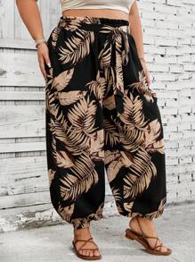 SHEIN CURVE+ Plus Size Women's Summer Tropical Print Paper Bag Waist Carrot Sports Jogger Pants, Beach Boho Vacation - Multicolor - View 5