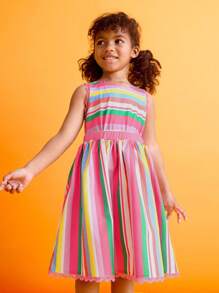 SHEIN Young Girls Colorful Sweet Striped Ruffle Trim Dresses - Multicolor - View 1