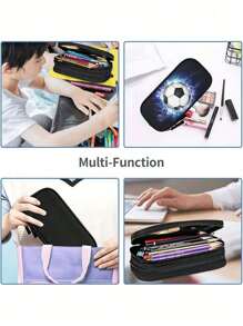 1pc Sports-Themed Pencil Case With Soccer Balls Pattern, 3D Football Print, Football Boy Pencil Case,Large Capacity Pencil Box Storage Pen Bag With Zippers, Soccer Pencil Pouch Stationery Case For Boys Girls Back To School,Multi-Functional Use - Black - View 4