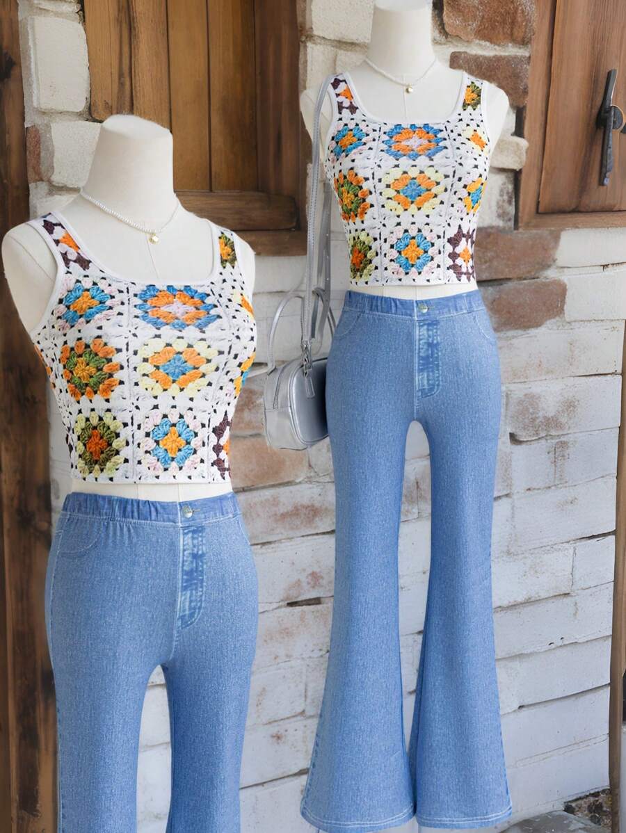 SHEIN 少女花卉钩针上衣套装，适合度假