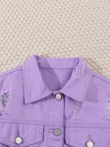 Tween Girl Y2K Cute Casual Ripped Short Ruffle Hem Waist Denim Skirt And Crop Top Matching Set - Purple - View 3