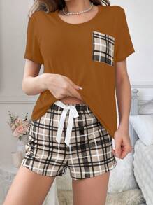 2pcs Plaid Print Pocket Pajama Set - Plaid Shorts - Coffee Brown - View 6