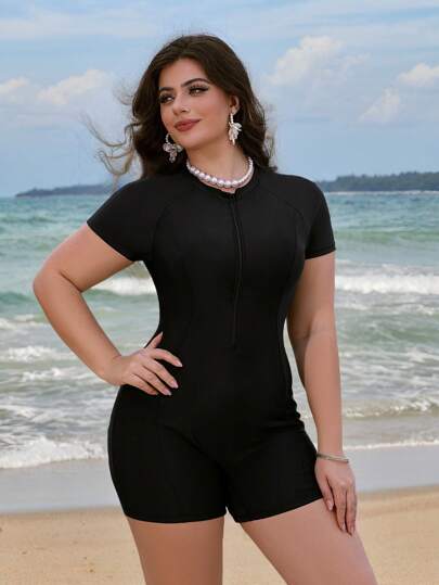 SHEIN Swim Lushore Basic Zip-Up Plus Size One Piece Swimsuit, Summer Beach Vacation