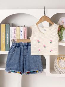 Set de 2 piezas para niña joven que incluye top sin mangas beige cómodo y shorts de mezclilla azules con bordado rosa y flecos, conjunto de verano lindo - Albaricoque - Ver 3