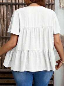 EMERY ROSE Blus Longgar Lengan Pendek Berkerut Leher Bulat Warna Polos untuk Wanita Ukuran Besar, Gaya Boho untuk Wanita/Musim Panas, Pakaian Barat Wanita, Pakaian Liburan Wanita - Putih - View 3